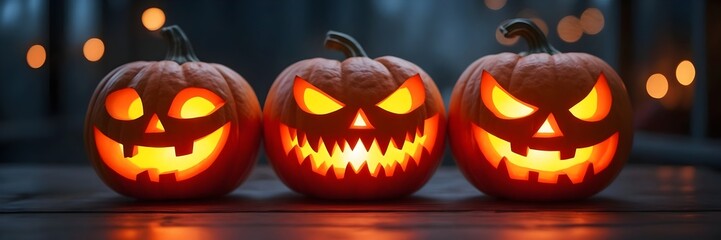Three  Halloween Pumpkins with Funny Scary Faces Lit Up at Night Festival