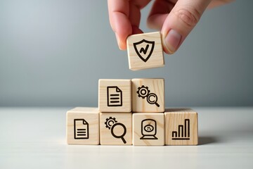 Hand placing security shield icon on wooden blocks with business icons