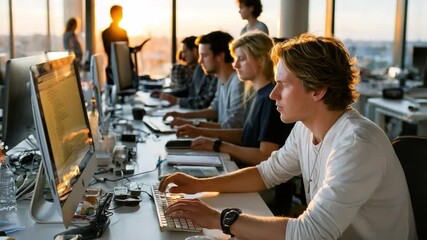 Coding Workspace at Sunset: Focused individuals engrossed in their work at computers within a modern, sunlit office. Sunlight bathes the room in a warm glow.