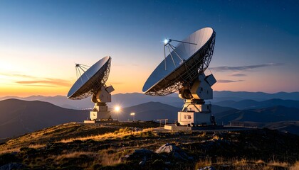 Satellite observatory with large radio telescopes on a mountain summit at sunset
