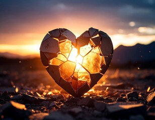 Shattered heart silhouette at sunset, glowing embers