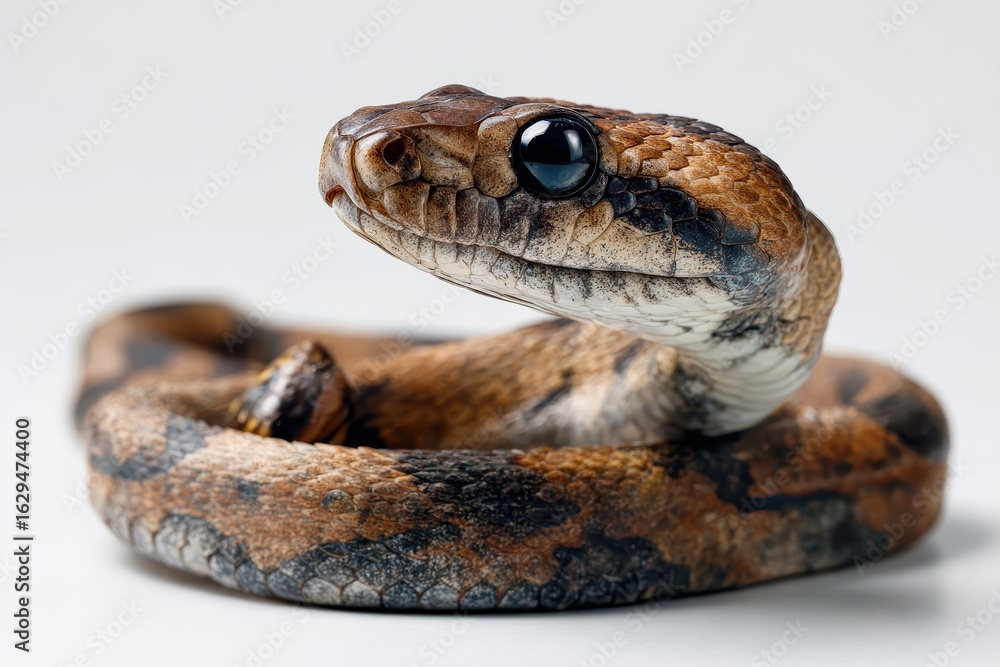 Poster realistic depiction of a snake with intricate patterns resting elegantly on a white surface, showcas
