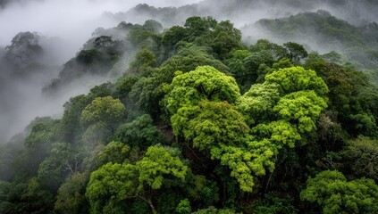 Misty rainforest canopy, dense foliage