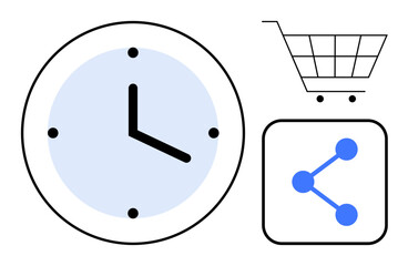 Clock symbolizing time, shopping cart for e-commerce, and share icon representing connectivity. Ideal for productivity, online shopping, marketing, social media, communication, digital tools simple