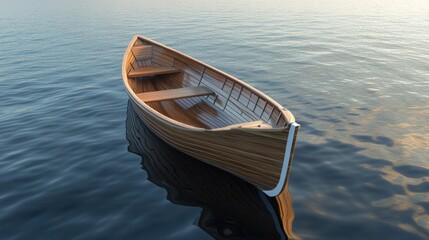 Empty wooden rowboat on calm water, serene morning, tranquil scene, digital illustration
