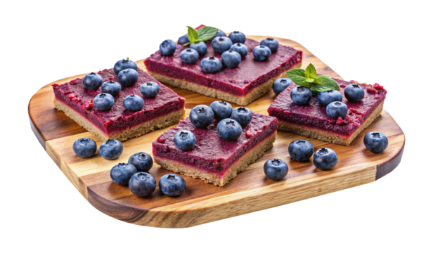 Delicious blueberry squares with red filling on a wooden cutting board