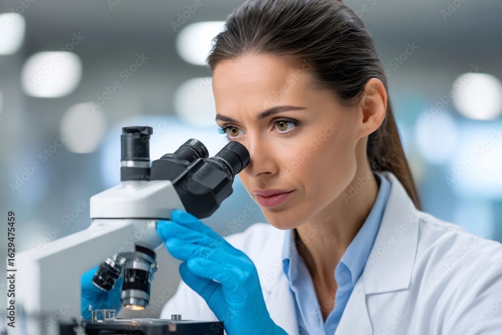 Aufkleber scientist using microscope doing research in laboratory
