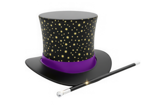 A black top hat with gold stars and a purple ribbon next to a magic wand for a stage performance isolated on transparent background