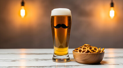 Beer mug with mustache and pretzels on white background, banner template for Movember or Oktoberfest celebration beer day party or bar event promotion with copyspace.
