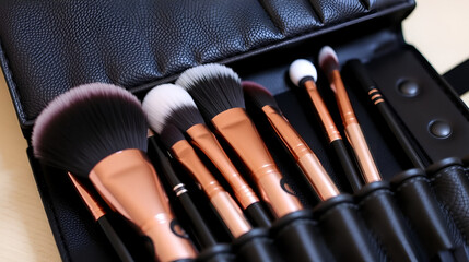 Set of makeup brushes in a black leatherette case.