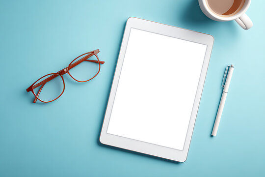 Blank digital interface on a serene workspace with glasses and a coffee cup nearby