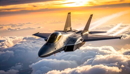 Advanced tactical fighter jet soaring powerfully above the clouds during a golden sunset.