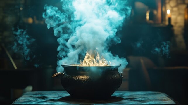 Enchanting potion brewing in antique cauldron, mystical smoke, dark room