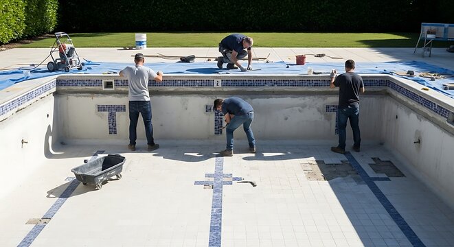Swimming pool renovation project underway with workers installing blue tile mosaics