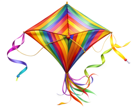 Colorful rainbow kite with tails isolated on transparent background