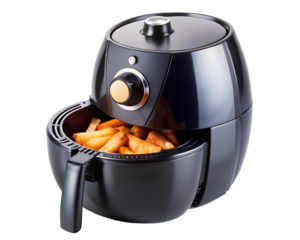 Black air fryer with french fries inside isolated on transparent background