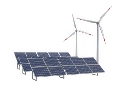 Solar panels and wind turbines generating clean and renewable energy for a sustainable future and a greener planet isolated on transparent background