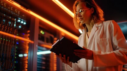 Scientist white coat holding tablet inspecting server rack with glowing orange lights and examining data digital tablet server - Powered by Adobe