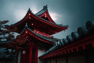 Majestic temple roof adorned in vibrant red against a moody sky showcases intricate architectural details and cultural significance in a serene location