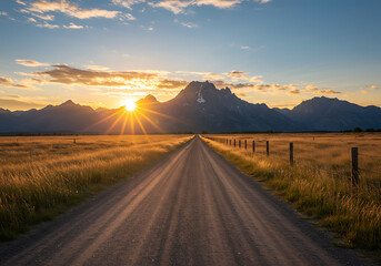 Beautiful sunrise over the grand teton mountain range along a dirt road