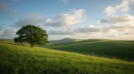 Obraz premium Solitary tree on a lush green hillside under a dramatic sky