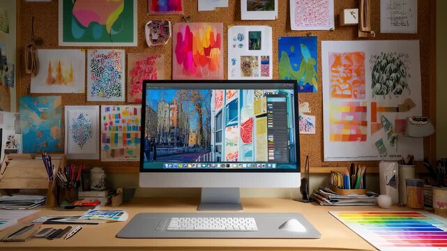 Artistic environment with a spacious macOS workstation featuring a stylus in action on a drawing tablet surrounded by vibrant Pantone swatches and creative posters pinned on