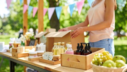 seasonal fairs. A market stall featuring natural products, with a woman organizing items in wooden boxes under colorful bunting in a sunny outdoor setting.