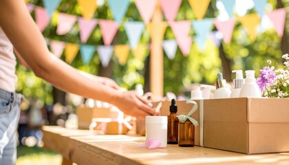 seasonal fairs. A person reaching for products at a vibrant outdoor market adorned with colorful bunting and various skincare items on display.