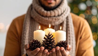 seasonal fairs. A person holds three candles surrounded by pinecones, set against a festive backdrop with warm bokeh lights, evoking a cozy holiday ambiance.