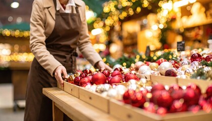 seasonal fairs. A person sorts colorful Christmas ornaments at a festive market, surrounded by warm lights and a joyful atmosphere.
