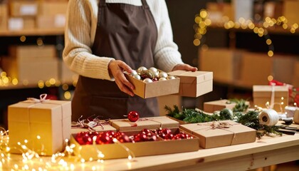 seasonal fairs. A person prepares holiday gift boxes surrounded by festive decorations and warm lights in a cozy workspace.