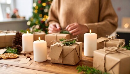 seasonal fairs. A person decorates Christmas presents with candles and pine elements, creating a warm holiday atmosphere.
