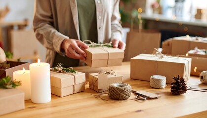 seasonal fairs. A person is wrapping gifts with natural decorations on a wooden table, creating a cozy and festive atmosphere.