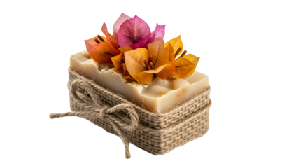Soap bar presents handmade soap with flowers and tied with twine on black background
