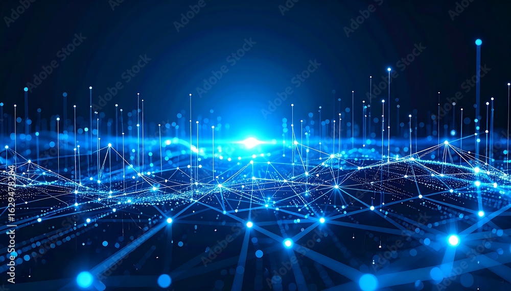 Poster abstract digital network with glowing blue nodes and lines.