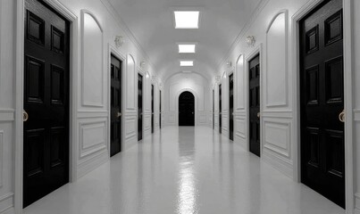 Empty hallway with black doors