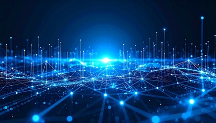 Abstract digital network with glowing blue nodes and lines.