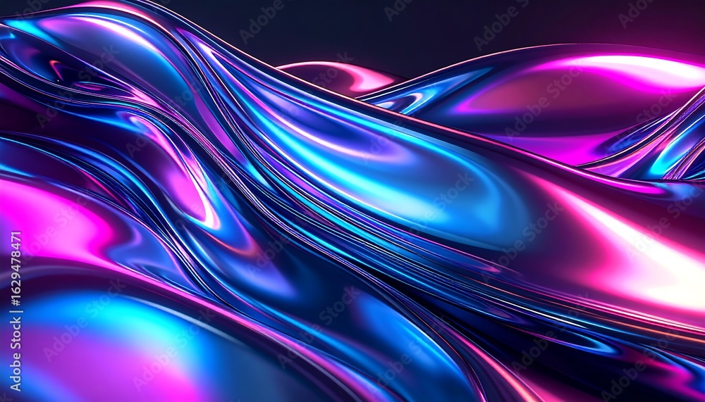 Poster abstract flowing metallic surface with iridescent blues and purples, creating a liquid chrome or flu