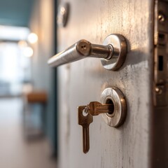 Obraz premium Stylish modern apartment door with a lock and key in the keyhole, perfect for homecoming marketing concepts.