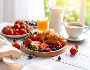 Delicious breakfast with croissants, fresh berries, juice, and coffee