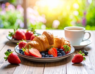 Breakfast with croissants, fresh berries, and coffee in a sunny garden