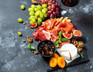 Charcuterie board with prosciutto, cheese, fruits, nuts, and a glass of red wine