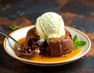 Chocolate lava cake with a scoop of vanilla ice cream and caramel sauce