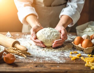 Hands holding a ball of fresh dough on a rustic kitchen table