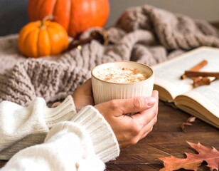 Hands holding a warm cup of coffee in a cozy autumn setting with pumpkins and a book