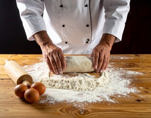 Baker's hands kneading dough on a wooden table with flour and eggs