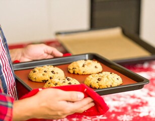 Hands holding a tray of freshly baked homemade chocolate chip cookies