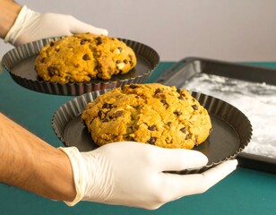 Hands in gloves holding a tray with large homemade chocolate chip cookies