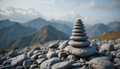 Zen Cairn of Smooth Stones Stacked on a Rocky Mountain Landscape, with a Blurry Background of Mountain Peaks and a Hazy Sky, Symbolizing Balance, Tranquility, and the Serene Beauty of Nature