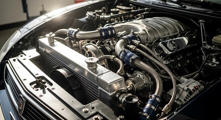 High Performance Car Engine with Chrome and Aluminum Components Displaying Power and Engineering Excellence for Automotive Enthusiasts